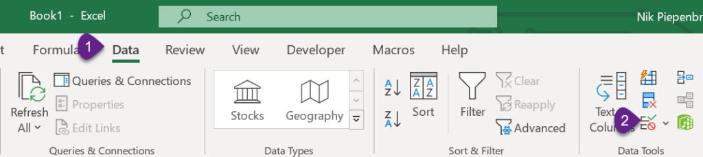 Selecting Data Validation in the Data Tab of Excel